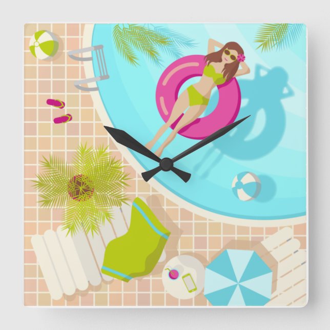 Swimming pool girl in bikini summer beach  square wall clock (Front)