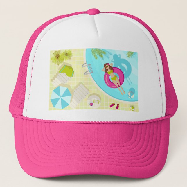 Swimming pool girl in bikini summer beach trucker hat (Front)