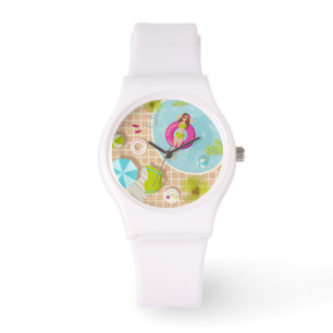 Swimming pool girl in bikini summer beach watch