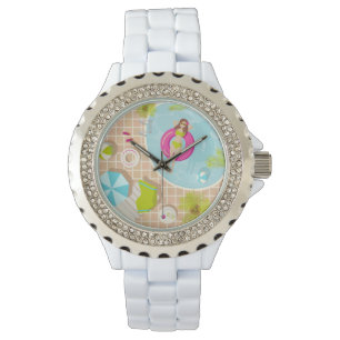 Swimming pool girl in bikini summer beach  watch