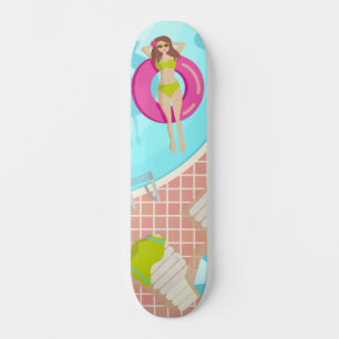 Swimming pool girl in bikini summer skateboard