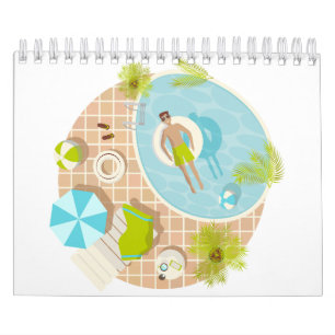 Swimming pool guy on tropical summer beach vacay calendar