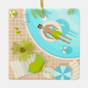 Swimming pool guy on tropical summer beach vacay ceramic ornament