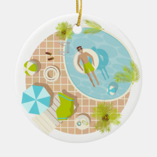 Swimming pool guy on tropical summer beach vacay ceramic ornament