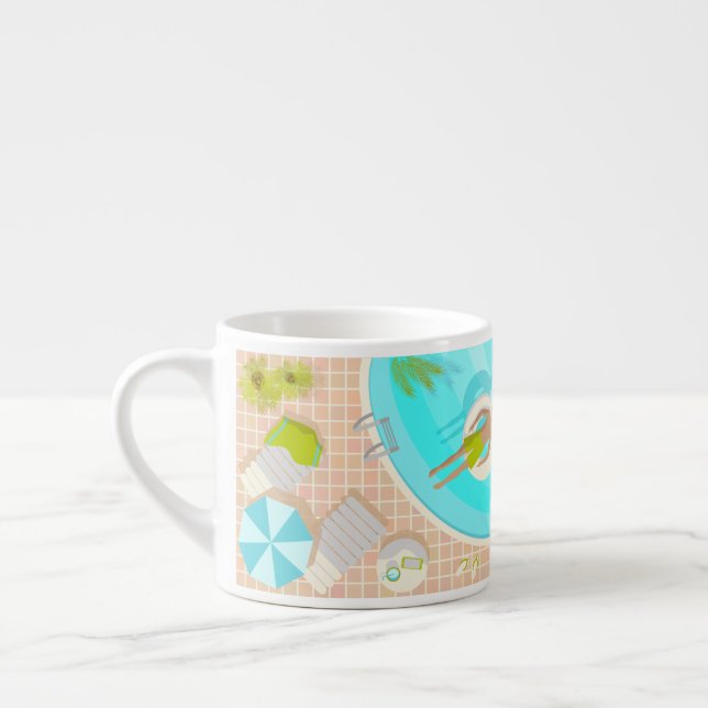 Swimming pool guy on tropical summer beach vacay espresso cup (Left)