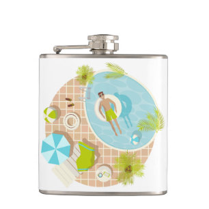 Swimming pool guy on tropical summer beach vacay hip flask