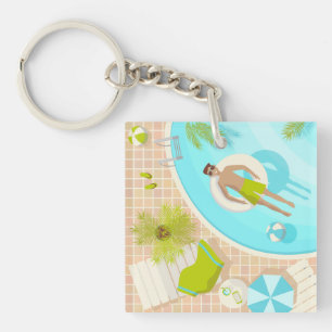 Swimming pool guy on tropical summer beach vacay key ring