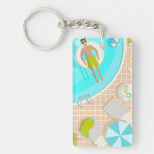 Swimming pool guy on tropical summer beach vacay key ring