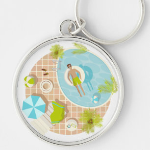 Swimming pool guy on tropical summer beach vacay key ring