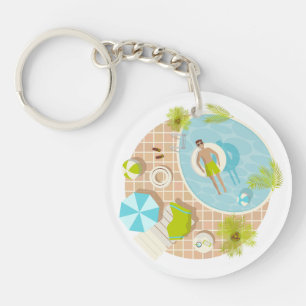 Swimming pool guy on tropical summer beach vacay key ring