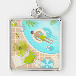 Swimming pool guy on tropical summer beach vacay key ring
