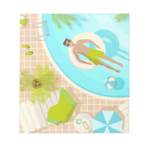 Swimming pool guy on tropical summer beach vacay notepad