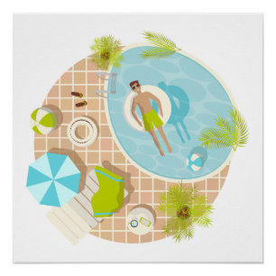 Swimming pool guy on tropical summer beach vacay poster