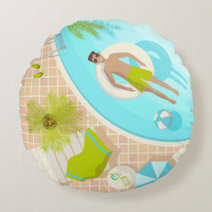 Swimming pool guy on tropical summer beach vacay round cushion