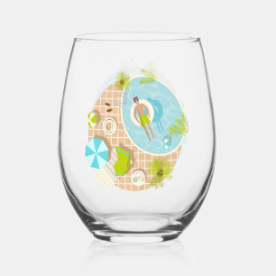 Swimming pool guy on tropical summer beach vacay stemless wine glass