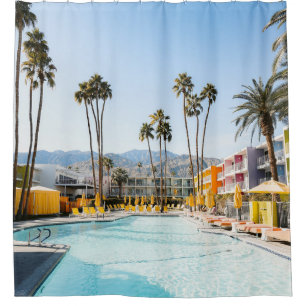 Swimming pool near palm trees in the morning shower curtain