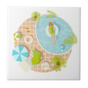 Swimming pool party girl in bikini summer beach ceramic tile