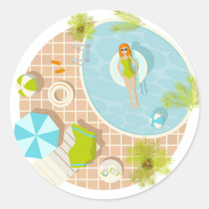 Swimming pool party girl in bikini summer beach classic round sticker