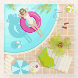 Swimming pool party girl in bikini summer beach glass coaster