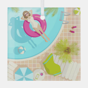 Swimming pool party girl in bikini summer beach glass tree decoration