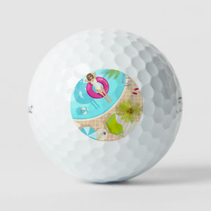 Swimming pool party girl in bikini summer beach golf balls