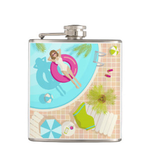 Swimming pool party girl in bikini summer beach hip flask