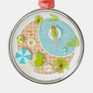 Swimming pool party girl in bikini summer beach metal ornament