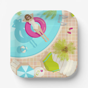 Swimming pool party girl in bikini summer beach  paper plate