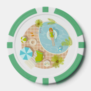 Swimming pool party girl in bikini summer beach poker chips
