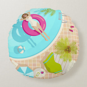 Swimming pool party girl in bikini summer beach round cushion