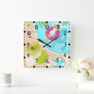 Swimming pool party girl in bikini summer beach square wall clock