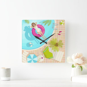 Swimming pool party girl in bikini summer beach square wall clock