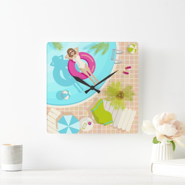 Swimming pool party girl in bikini summer beach  square wall clock (Home)