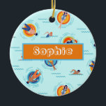Swimming pool party name gift ceramic ornament<br><div class="desc">Cute ice blue colour theme of a pool party with funky illustration design of pool toys and people having fun in a large aquamarine pool. Perfect for a Summer vacation holiday vibe. With personalised name optin for a gift for a swimmer.</div>