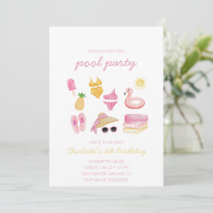 swimming pool pink summer instant download party  invitation