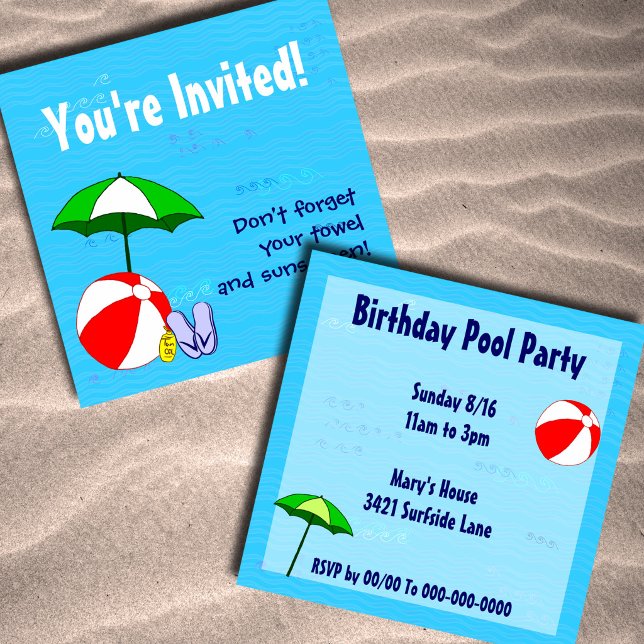 Swimming Pool Theme Custom Party Invitations (Beach or Pool Party Custom Invitations)