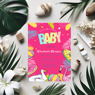 Swimming Pool Toys Leaves Pink Baby Shower  Invitation