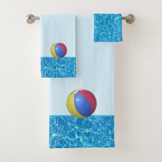 Swimming pool turquoise blue water & beach ball bath towel set (Insitu)