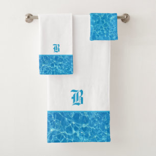 Swimming pool turquoise blue water & calligraphy bath towel set