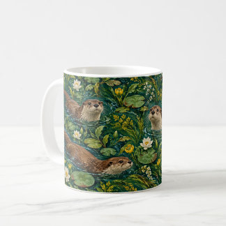 Swimming River Otters with Water Lilies in Teal Coffee Mug