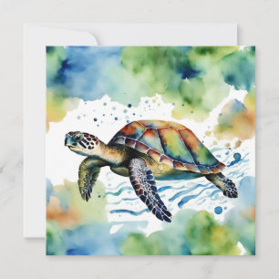 Swimming Sea Turtle Abstract Watercolor Card