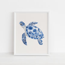 Swimming Sea Turtle – Coastal Blue on Beige