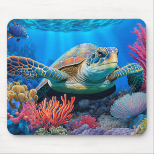 Swimming Sea Turtle Illustration Mouse Pad