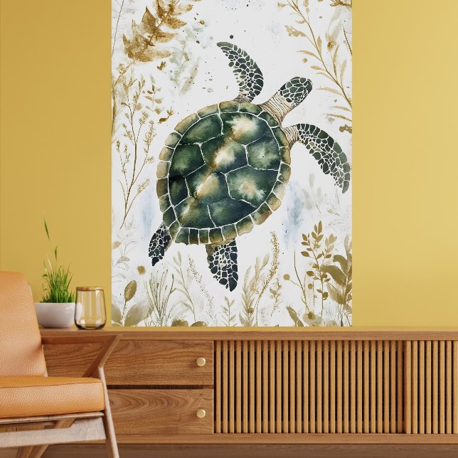 swimming sea turtle surrounded by floral patterns. poster (Living Room 2)