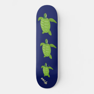 Swimming sea turtles and calligraphy on blue skateboard
