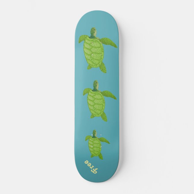 Swimming sea turtles and calligraphy on teal skateboard (Front)