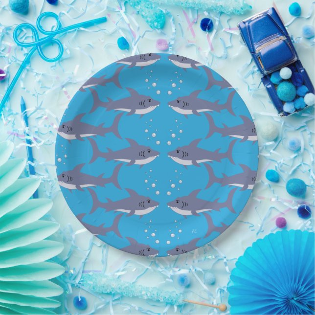 Swimming Shark Pattern Blue Party Paper Plates (Party)