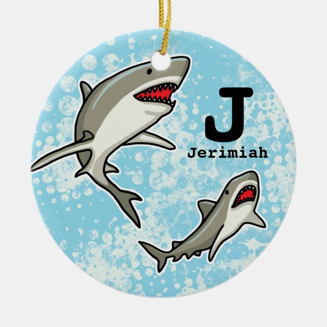 Swimming Sharks, Add Child's Name and Monogram Ceramic Ornament (Front)