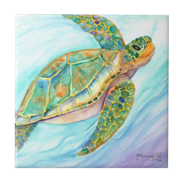 Swimming Smiling Sea Turtle Ceramic Tile (Front)