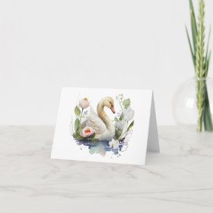 Swimming Swan with Flowers BLANK  Card